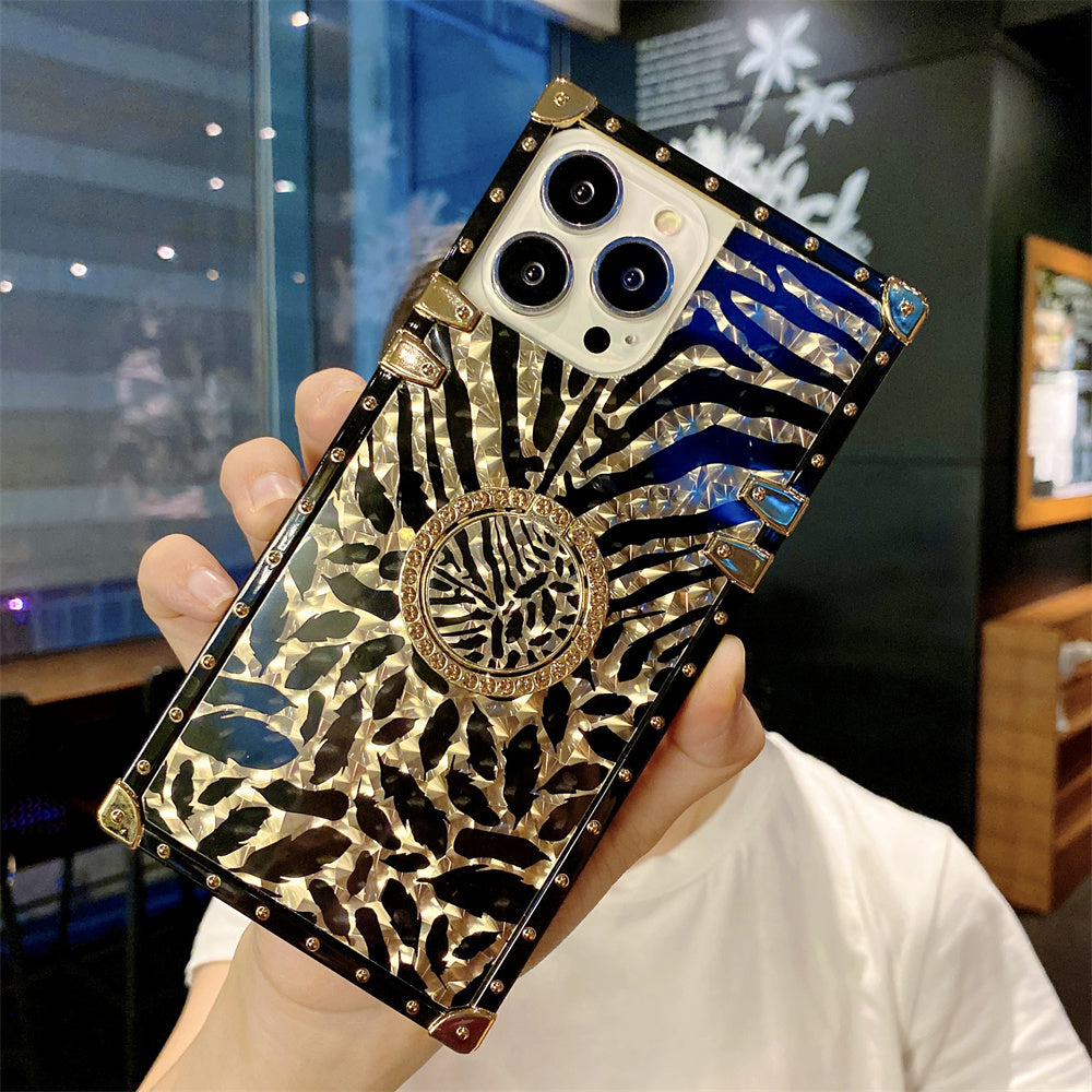 Luxury Leopard Gold Plating Phone Case Glitter Diamond Ring Stand for iPhone Models Stylish Design Durable & Functional Funda