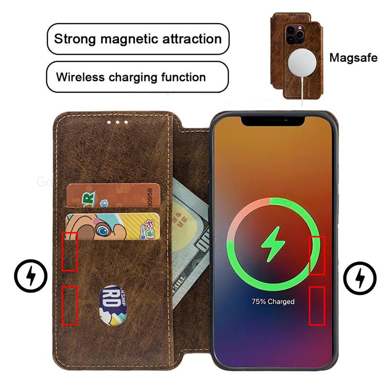 Premium MagSafe Leather iPhone Case – Magnetic Flip Cover, Card Wallet Holder, Wireless Charging Compatible, Stylish & Durable Protection