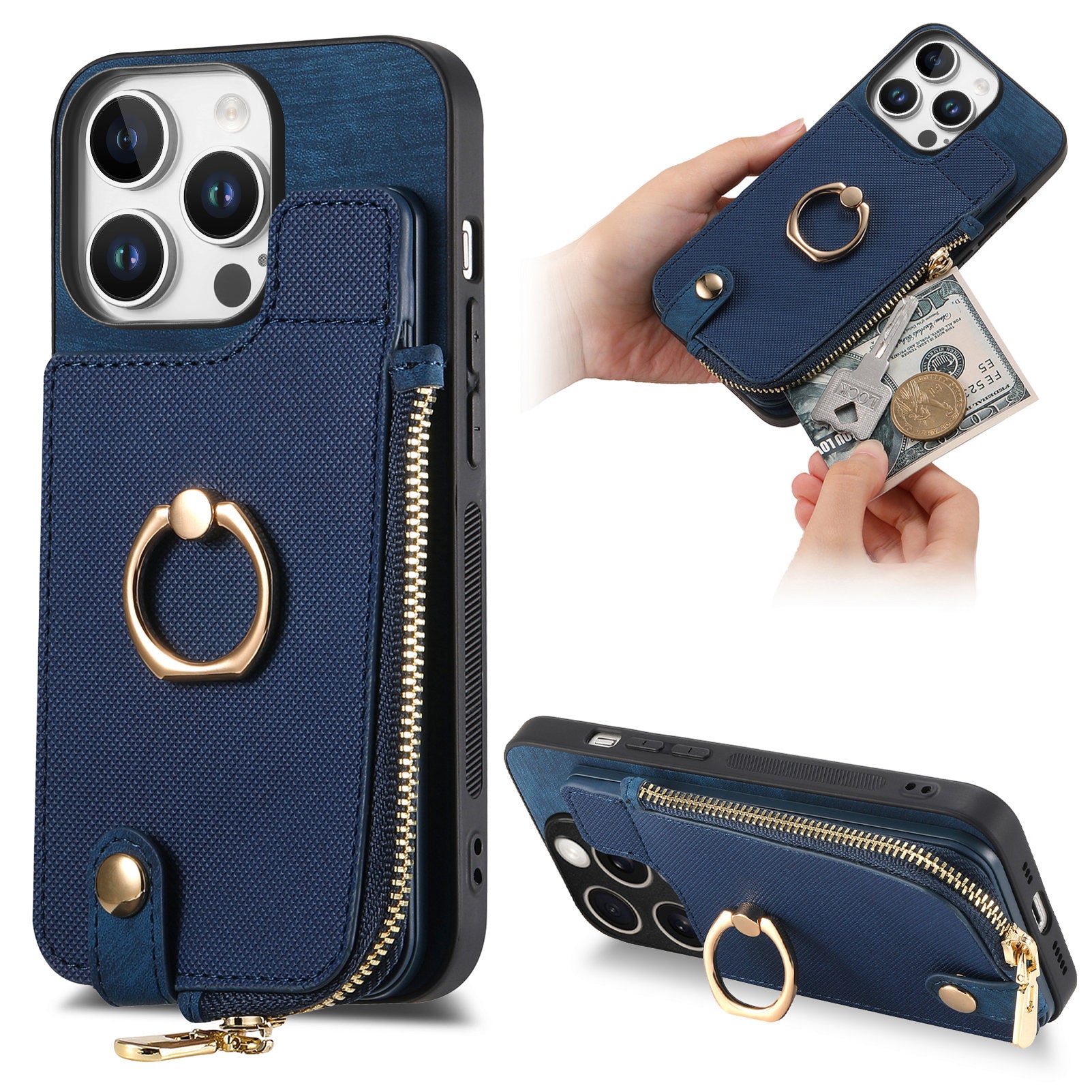 Luxury Zipper Wallet Leather iPhone Case – Card Holder, Ring Kickstand, Shockproof Protection, and Stylish Crossbody Design for Secure & Convenient Use