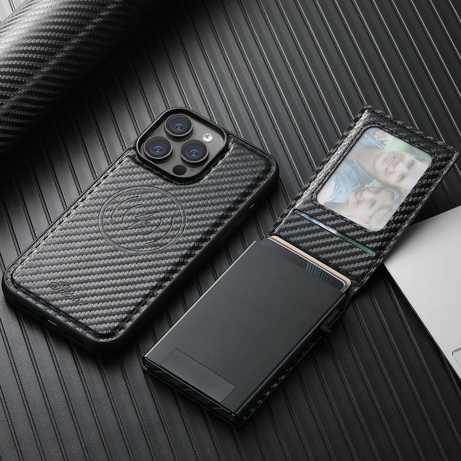 Carbon Fiber Texture Detachable Leather iPhone Case – Magnetic Wallet, Card Holder, Shockproof Protection, Stylish & Durable