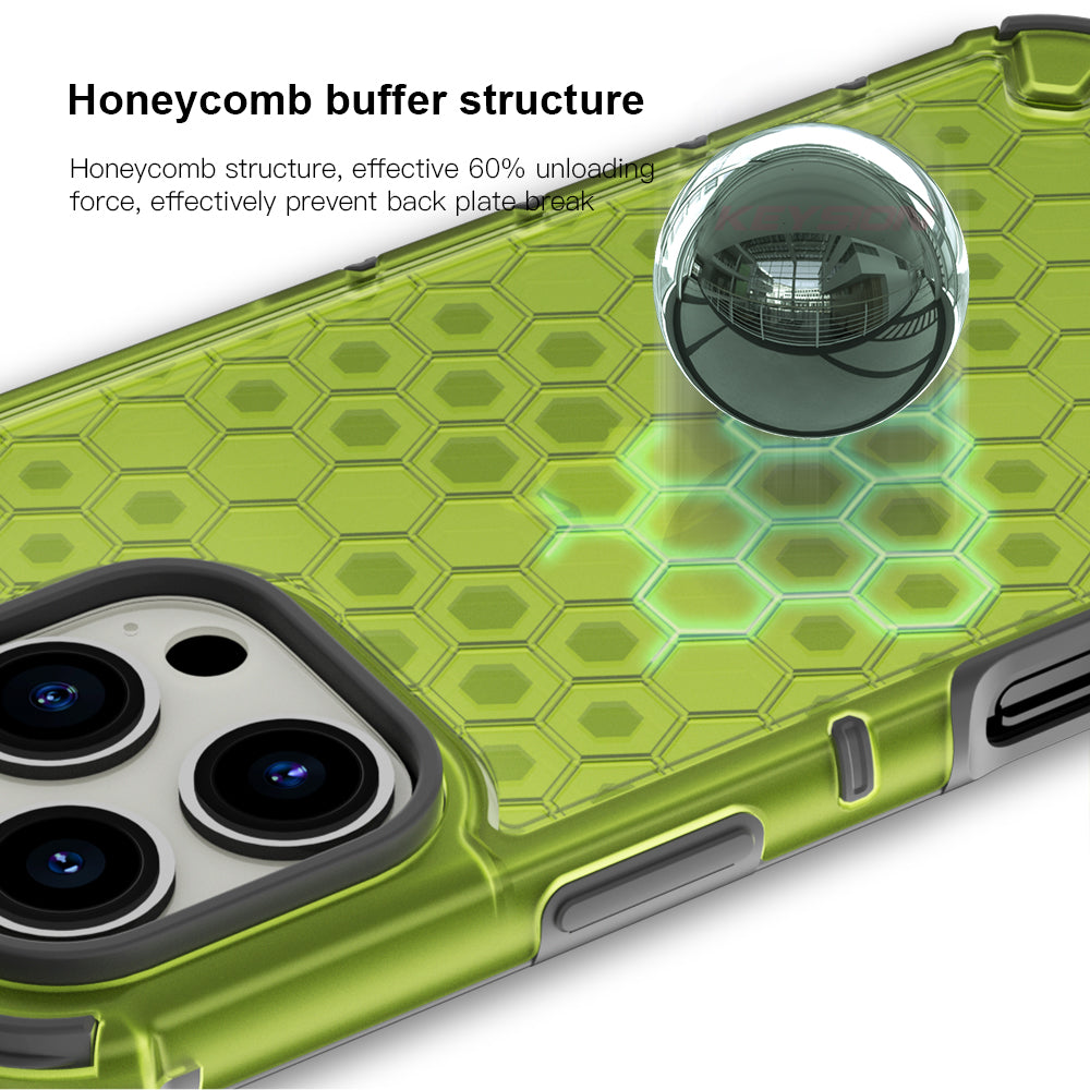 KEYSION Shockproof Armor Case – Soft Silicone + PC Transparent Honeycomb Back Cover for iPhone Models, Durable and Protective Design