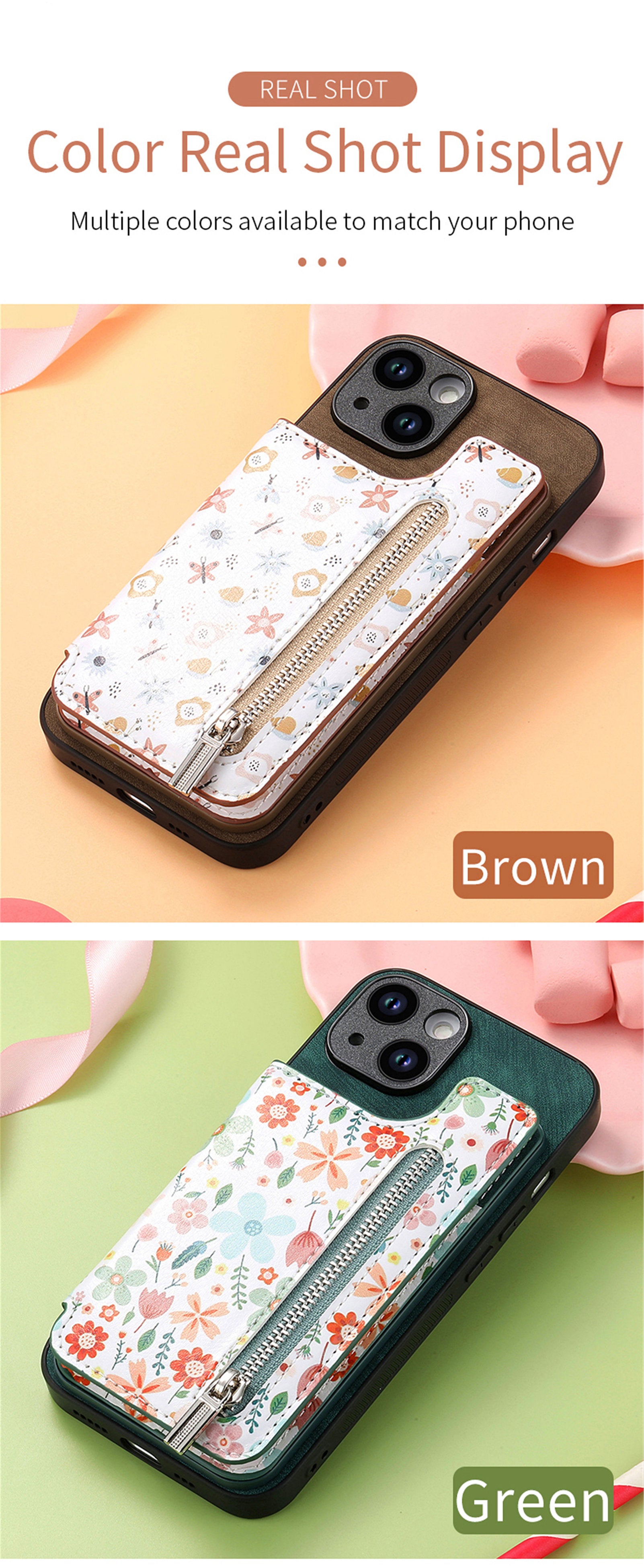 Zipper Card Slot Wallet Case – Magnetic Closure, Purse Pocket, Floral Design, Shockproof Protective Cover for iPhone