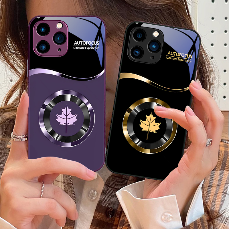 Luxury Circle Maple Leaf Tempered Glass Phone Case – Stunning Rose Purple Design Premium Protection for iPhone Models