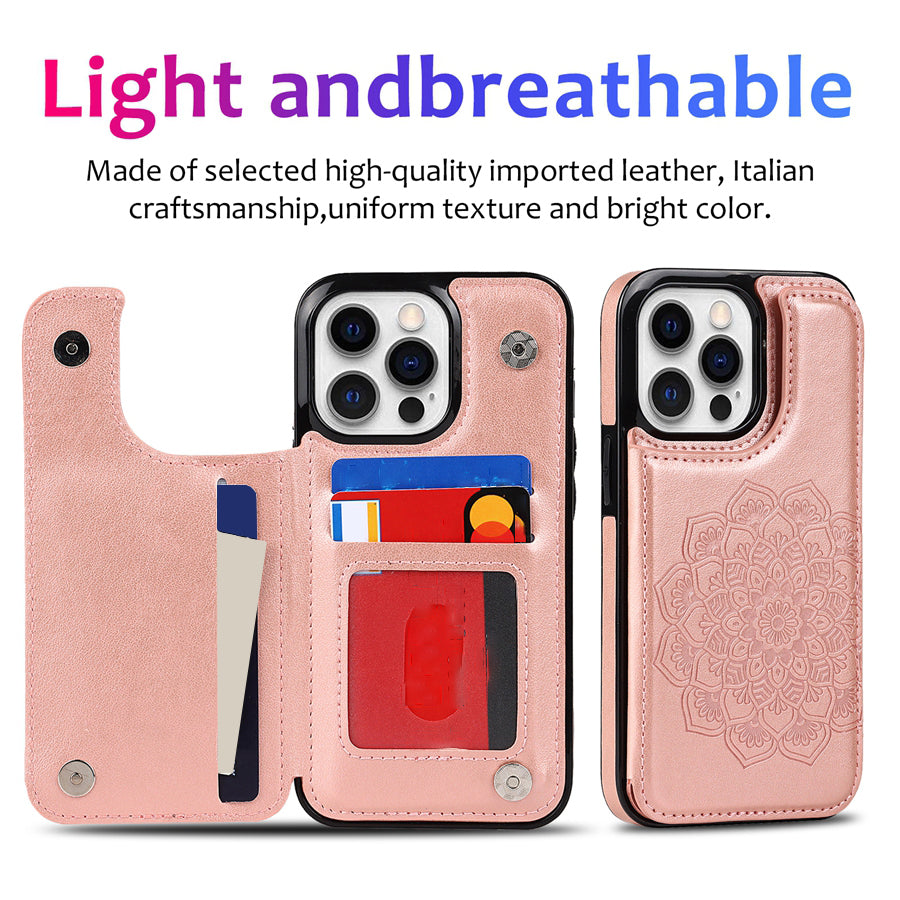 Luxury Wallet Datura Double Buckle Leather Case for iPhone – Magnetic Flip with Card Slot, Protective Cover for iPhone 16 Pro Max, 15 Plus, 14, 13, 12, 11, SE 2, X, XS, XR