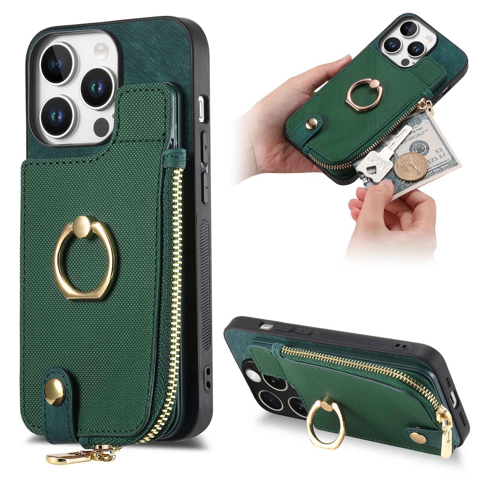 Luxury Zipper Wallet Leather iPhone Case – Card Holder, Ring Kickstand, Shockproof Protection, and Stylish Crossbody Design for Secure & Convenient Use