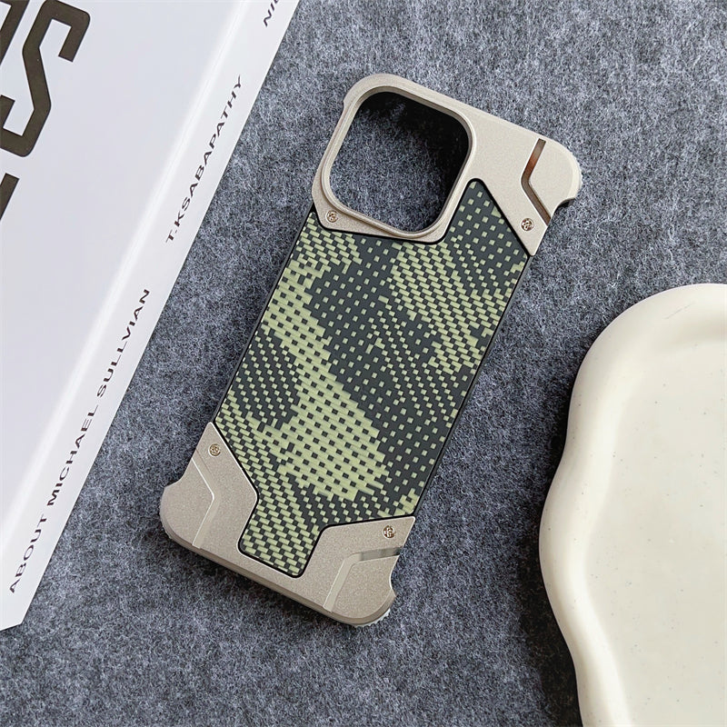 Camouflage Metal Armor Case Frameless Real Carbon Fiber Cover with Built-In Magnet for iPhone Models, Durable and  Protection