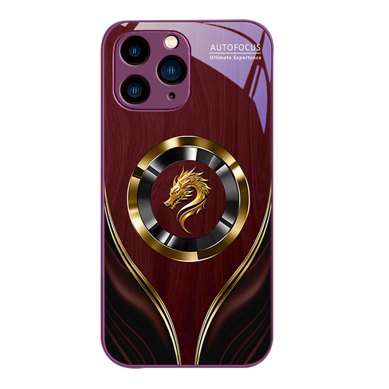 Premium Red Dragon Cloth Pattern Tempered Glass Phone Case – Stylish Purple Accents, Durable Scratch-Resistant Protection