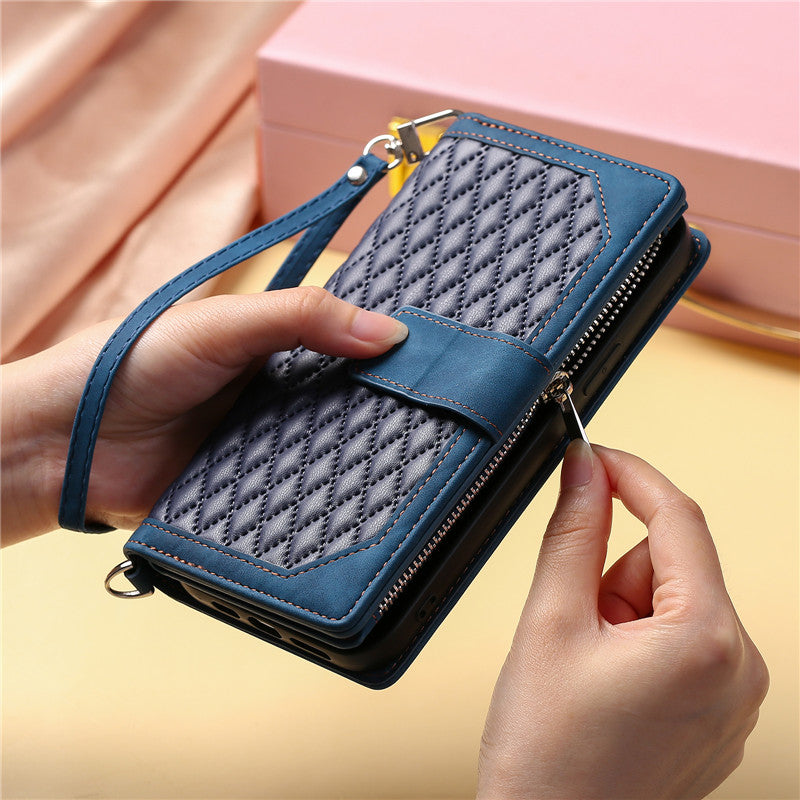 Luxury Flip Leather Wallet Phone Case – Long Lanyard, Zipper Closure, Card Holder, Magnetic Protection, and Premium Design for iPhone