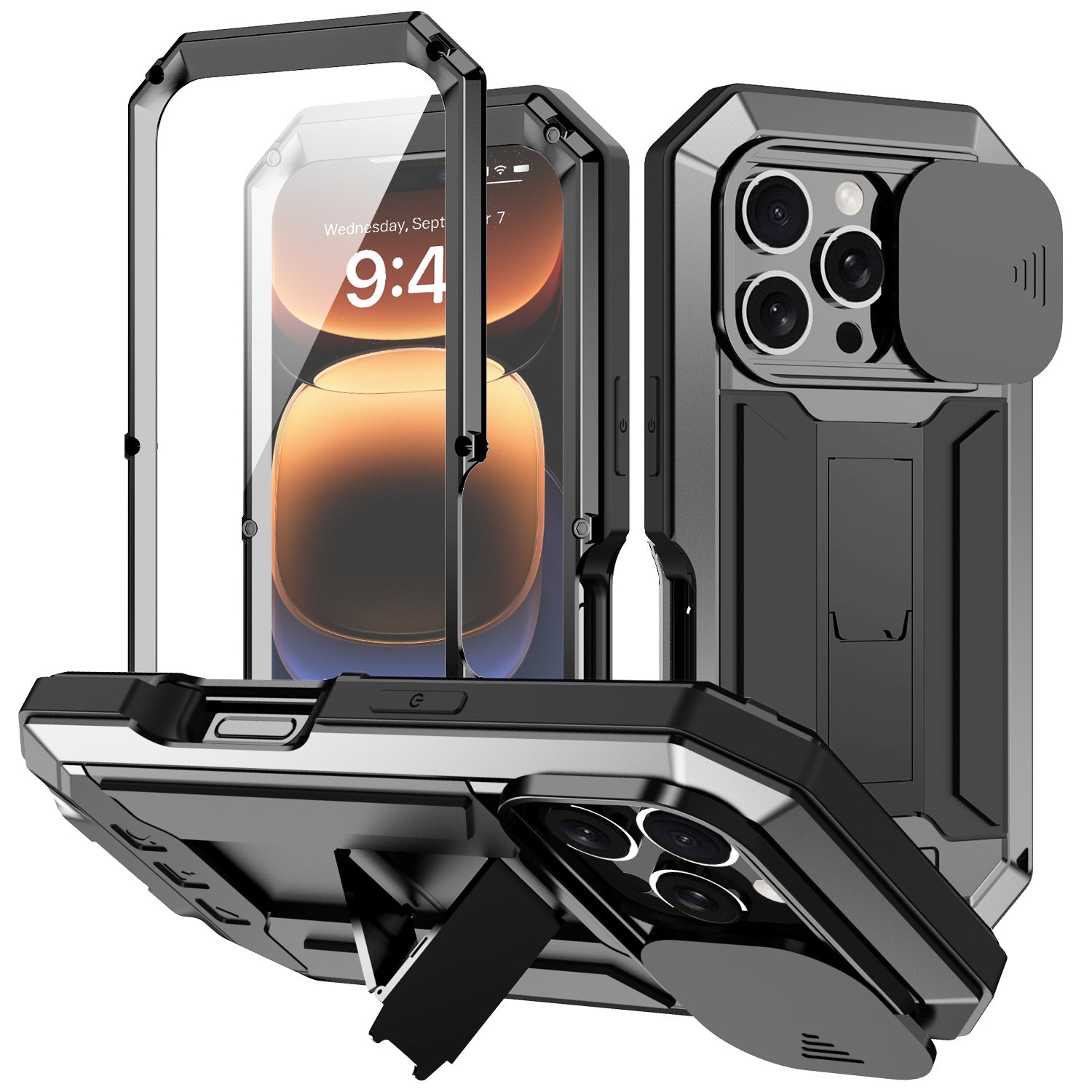 Military Heavy-Duty Metal Case – Full-Body Hybrid Cover with Slide Camera Protection & Built-in Screen Protector for iPhone Models