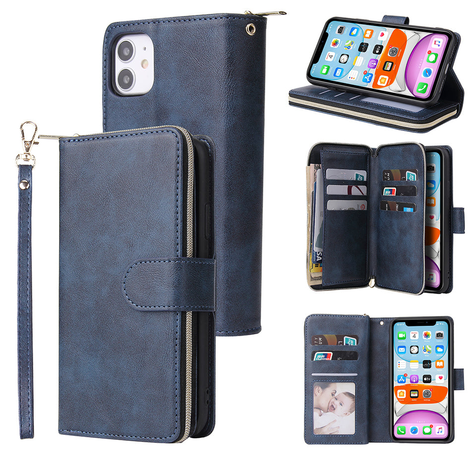 Premium 9 Card Slots Leather Wallet Case – Durable Zipper Flip Cover, Magnetic Stand, Shockproof Protection, Multi-Card Holder for iPhone