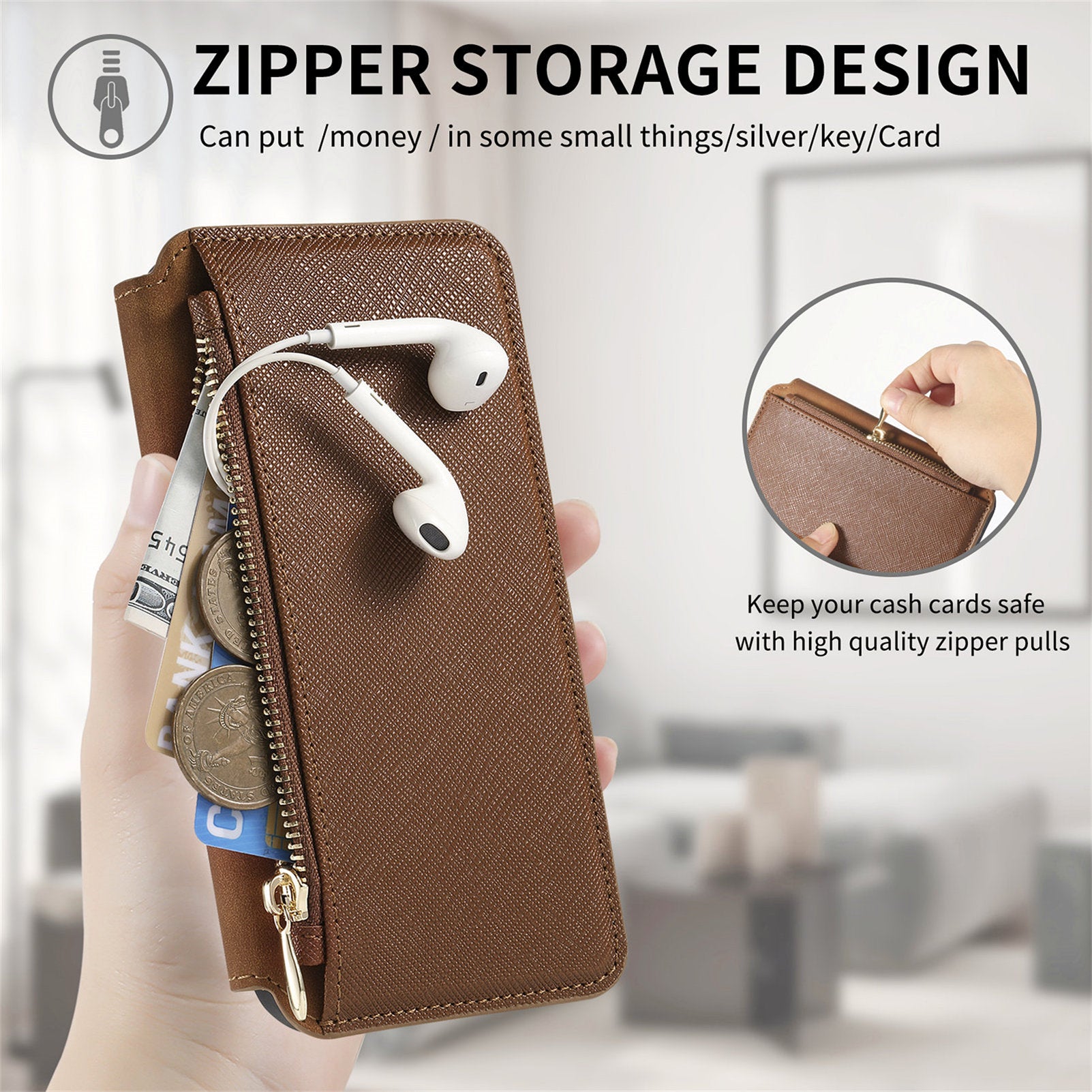 Premium 2-in-1 Magnetic Wallet iPhone Case – Zipper Leather Bag, Card Slot, Wireless Charging Compatible, Shockproof Protection for iPhone