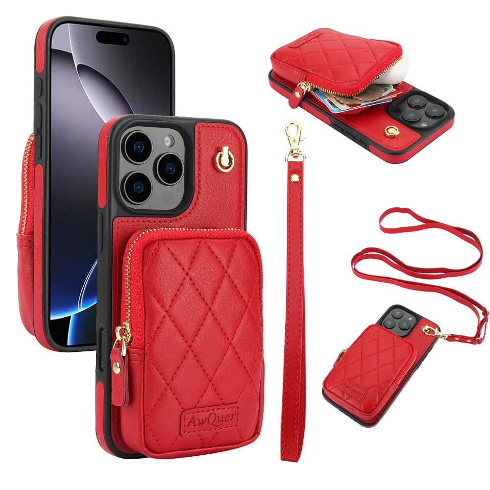 Luxury Crossbody Lanyard Phone Case – Zipper Wallet Leather Cover with Card Holder, Shoulder Strap, and Full Protection for iPhone Models