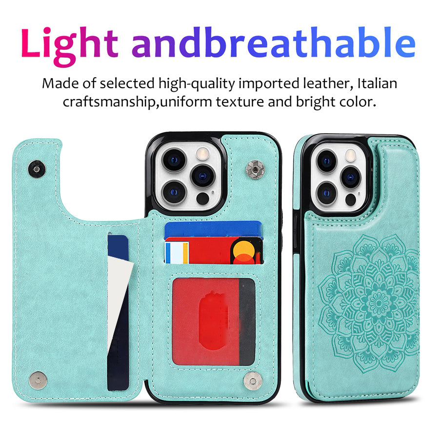 Luxury Wallet Datura Double Buckle Leather Case for iPhone – Magnetic Flip with Card Slot, Protective Cover for iPhone 16 Pro Max, 15 Plus, 14, 13, 12, 11, SE 2, X, XS, XR