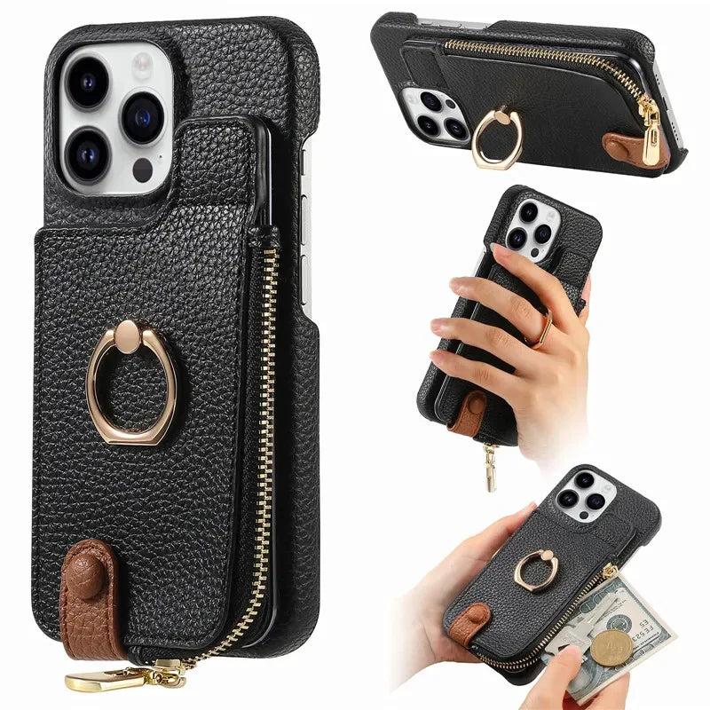 Luxury Leather Zipper Wallet Phone Case – Card Holder, Ring Kickstand, Shockproof Cover for iPhone Models