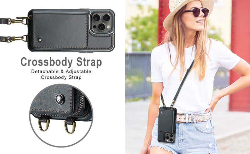 Luxury Leather Wallet Crossbody Phone Case – Card Slot Holder, Stand Function, Hand Lanyard Strap, Shockproof Protection for iPhone