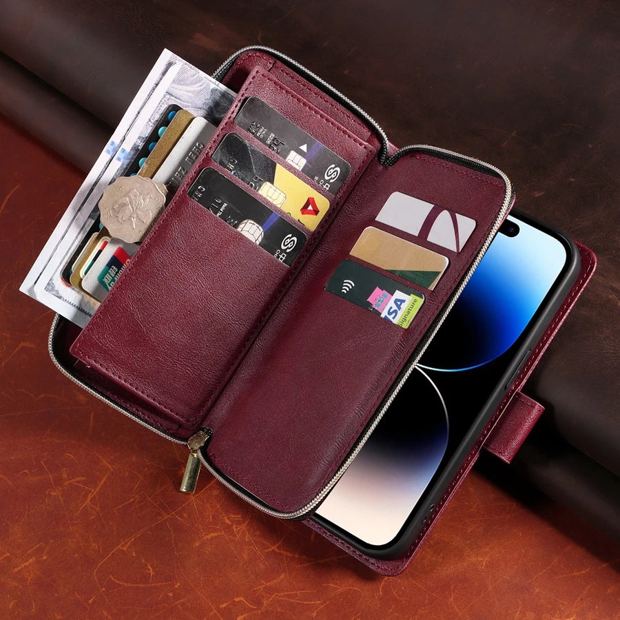 Premium 9 Card Slots Leather Wallet iPhone Case – Durable Zipper Flip Cover, Magnetic Stand, Shockproof Protection, Multi-Card Holder for iPhone