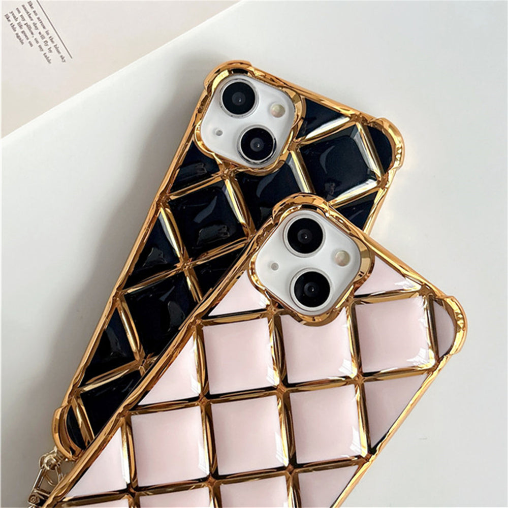 Luxury Plating Diamond Lattice Grid Shockproof Phone Case Gold Plated Cover for iPhone Models, Elegant & Durable Protection