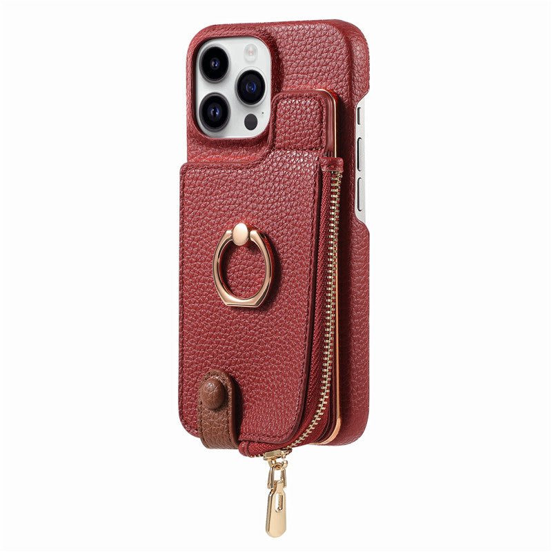 Luxury Leather Zipper Wallet Phone Case – Card Holder, Ring Kickstand, Shockproof Cover for iPhone Models