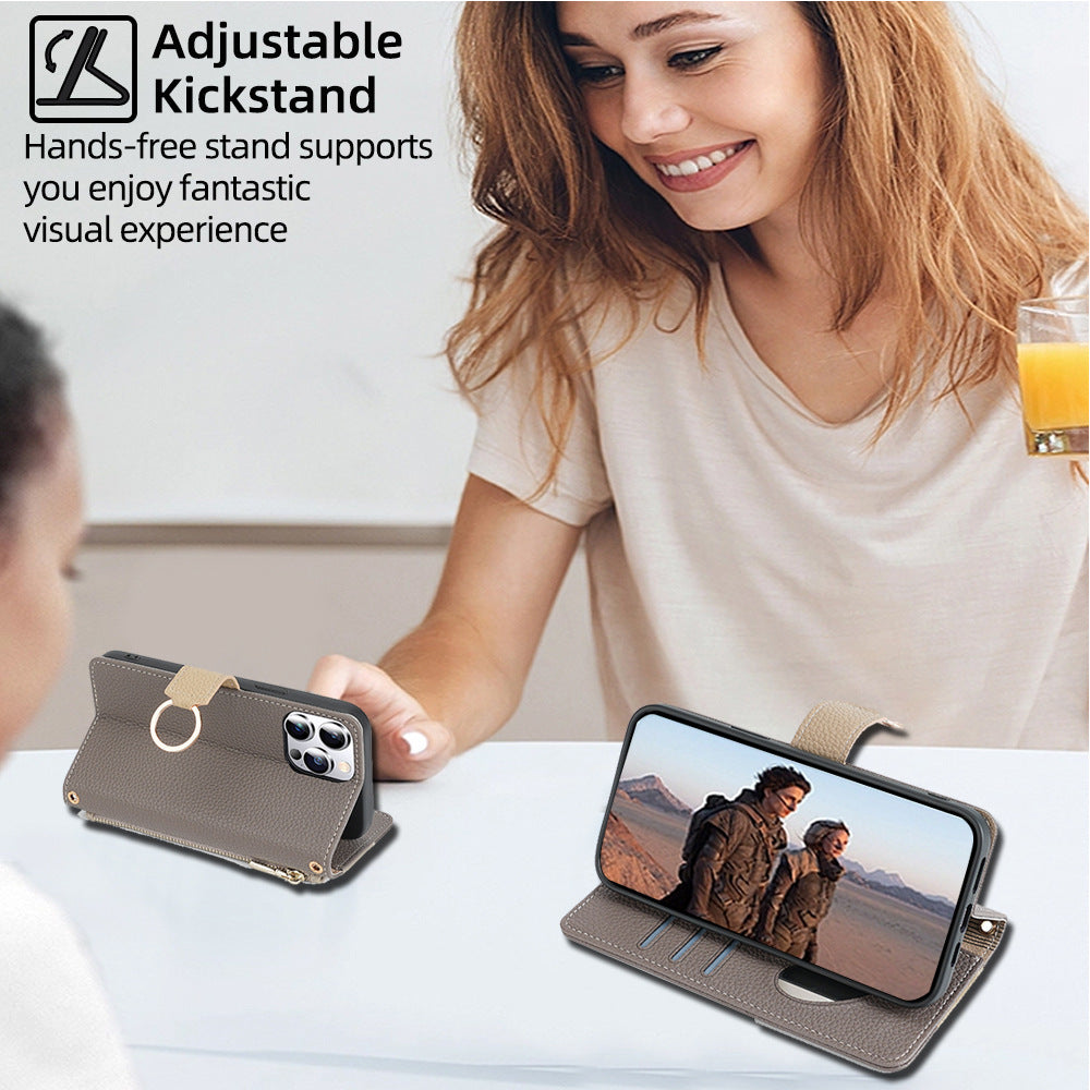 Premium Leather Crossbody Wallet Case for iPhone - Flip Mirror Design, Long Lanyard,  Shockproof Protection for iPhone Models