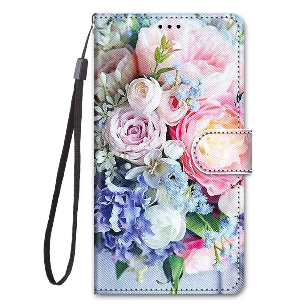 Kids Wallet Flip Case for iPhone – Etui Card Holder, Flower & Cat Painted Pattern, Leather Phone Cover with Magnetic Closure