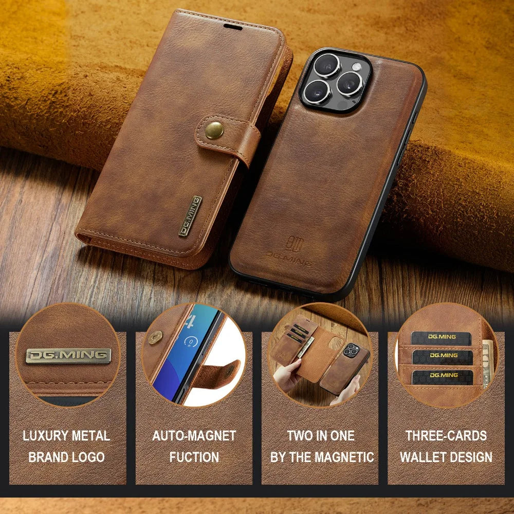 Premium Detachable Magnetic Leather Wallet iPhone Case – Card Holder, Shockproof Protection, and Stylish Flip Cover for Secure and Convenient Use