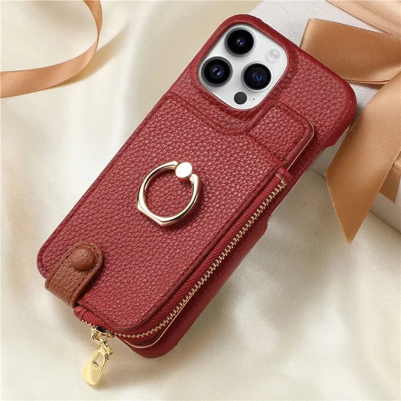 Luxury Leather Zipper Wallet Phone Case – Card Holder, Ring Kickstand, Shockproof Cover for iPhone Models