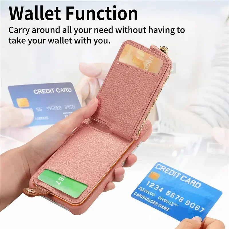 Luxury Leather Zipper Wallet Phone Case – Card Holder, Ring Kickstand, Shockproof Cover for iPhone Models