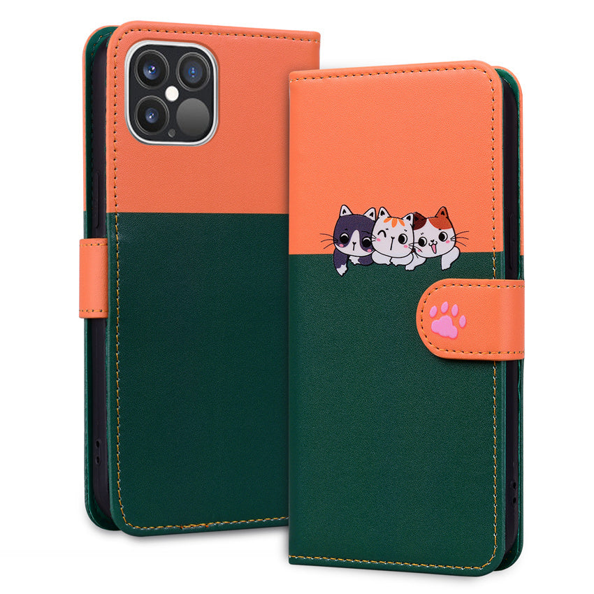 Cartoon Anime Flip Leather iPhone Case – Cute Pet Cat & Dog Print, Card Holder, Book-Style Wallet Cover, Magnetic Closure