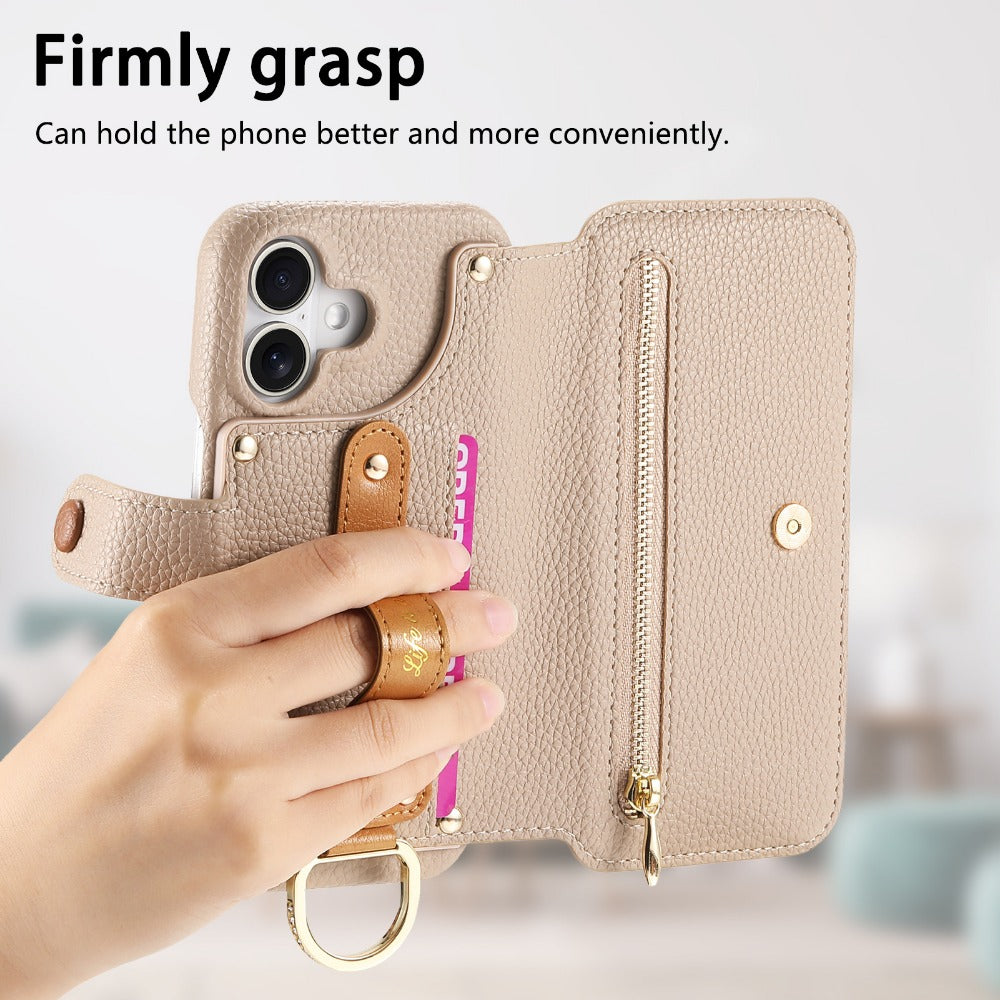 Luxury Wallet Flip iPhone Case – Card Slot Holder, Wrist Strap, Ring Kickstand, Shockproof Cover for iPhone Models