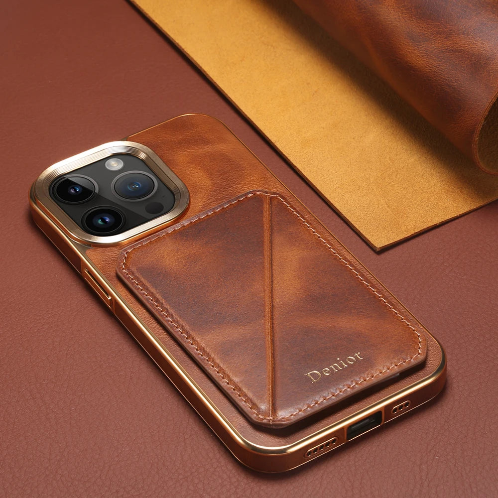 Luxury Cowhide Leather Wallet Case – Magnetic Card Holder, Plating Shell, Shockproof Protection, Premium Design for iPhone Models