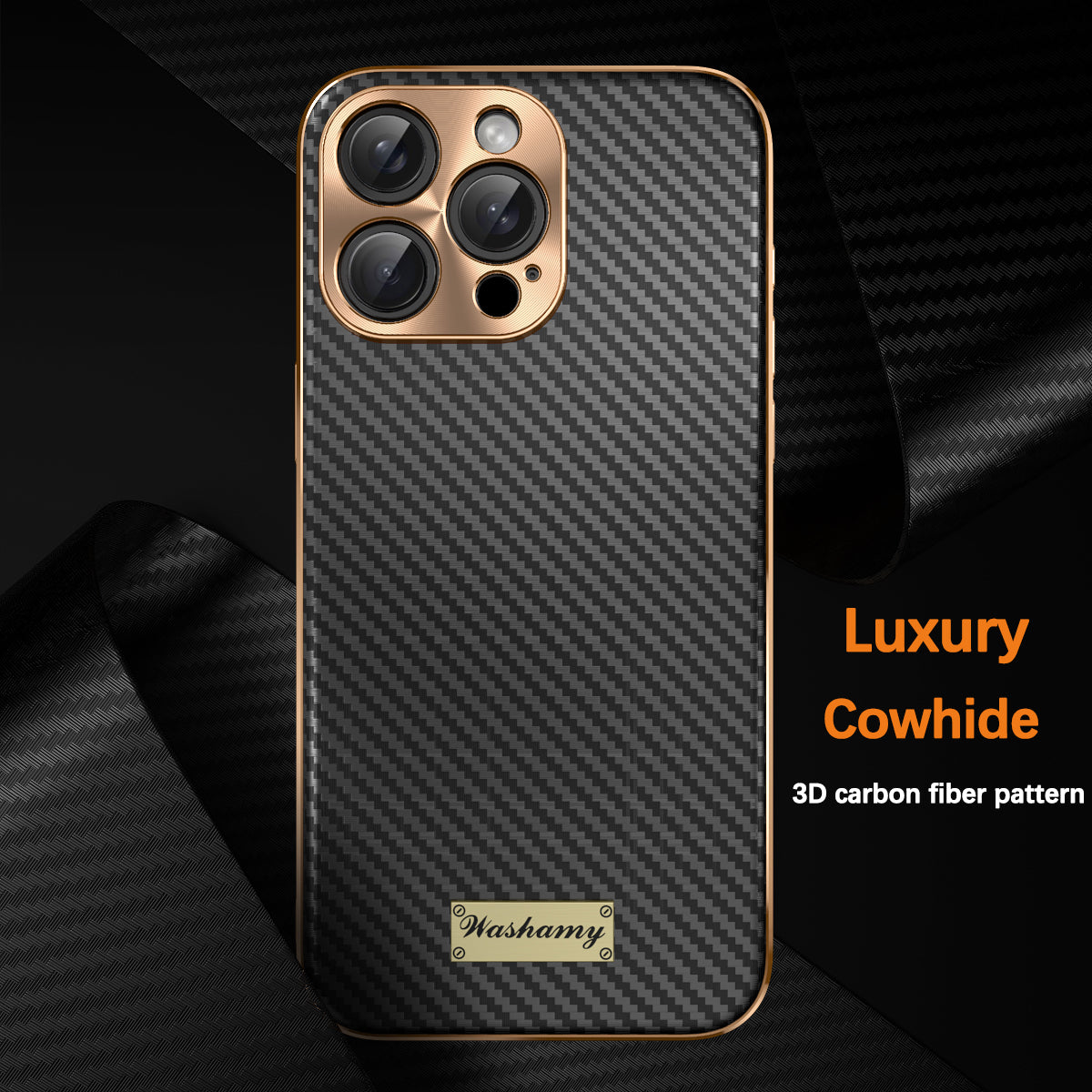 Luxury Carbon Fiber Textured Leather iPhone Case - Shockproof, Alloy Metal Lens, Plating Design, Durable, Slim Fit Protection